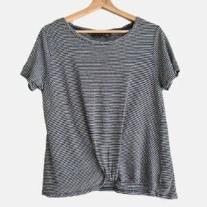 TAHARI 100% Linen Stripe Navy & White Front Knot Tee Sz M